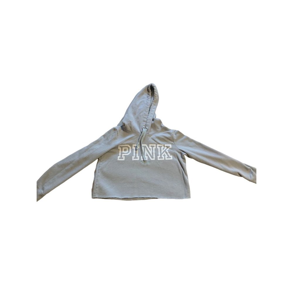 Victoria Secret Pink Crop Hoodie Pullover Long Sleeves Pockets Light Gray Size M